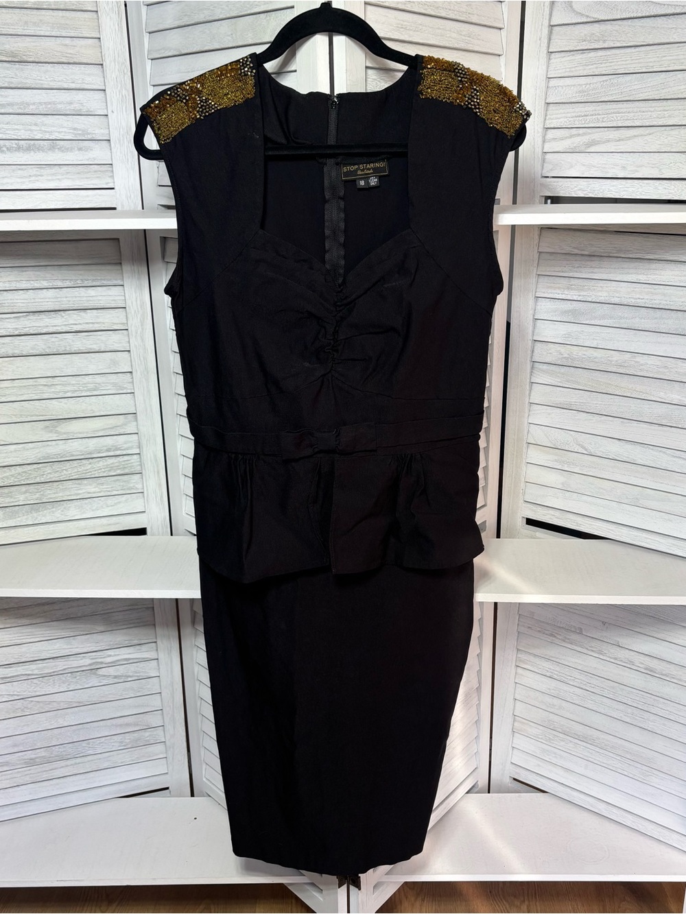 Stop Staring! Alicia Estrada Black Beaded Peplum Dress Size 18